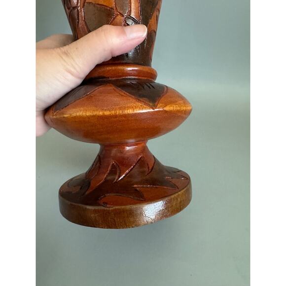 Vintage Hand Carved Solid Wooden Flower Bali Style Tropical Floral Vase Art Boho - Picture 7 of 9